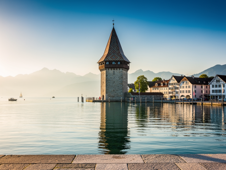 Mangturm Lindau am Bodenseeufer mit historischem Hafen und blauem Himmel