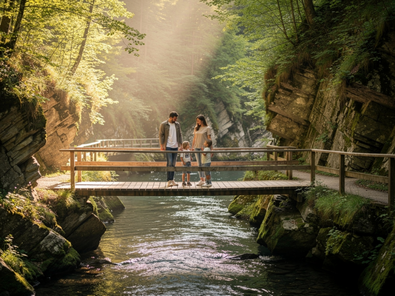 Naturparadies Marienschlucht: ein ideales Ziel für Kinder und Familien Familien mit Kindern wandern auf dem sicheren Kinderpfad in der Marienschlucht