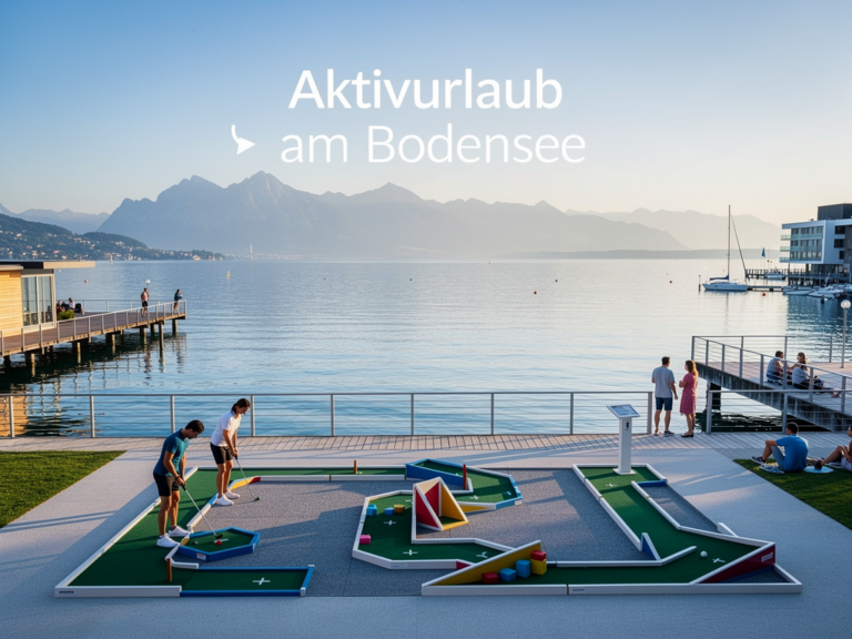 Familie spielt Minigolf auf dem Gelände am Bodensee in Hard im Aktivurlaub