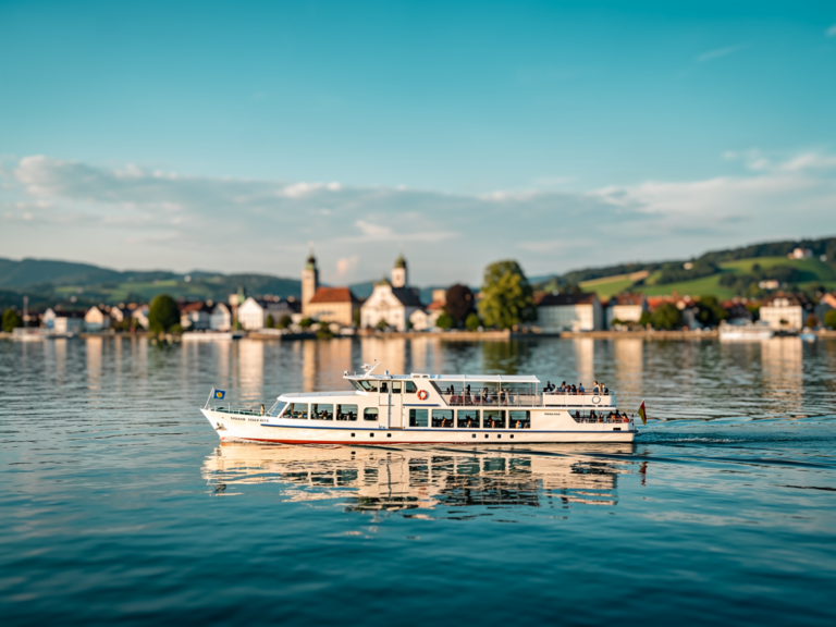 MS Angela auf Bodensee bei sonniger Rundfahrt vor malerischer Überlinger Uferlandschaft