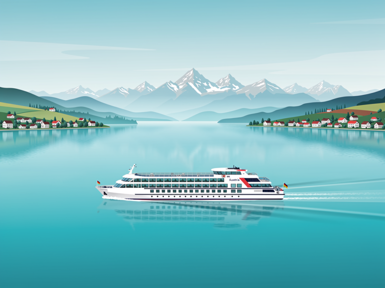 MS Austria auf Bodensee Dreiländer-Panoramafahrt mit Blick auf Alpen und Hafenstädte