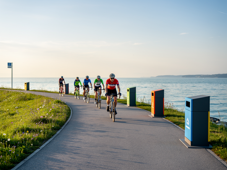 Saubere Fahrt am Bodensee Radweg mit cleveren Lösungen zum Müll entsorgen unterwegs Radfahrer entsorgen Müll unterwegs am Bodensee Radweg an einer Müllstation