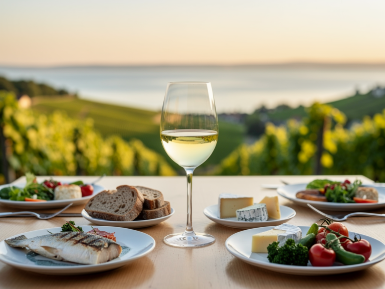 Glas Müller-Thurgau Meersburg mit regionalen Spezialitäten im Bodenseeklima