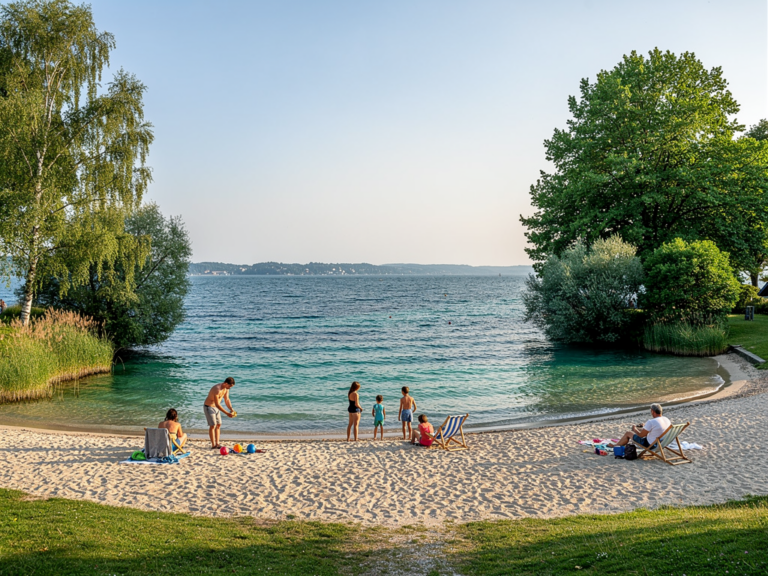 Familien genießen den flachen Kiesstrand und Wasserspielplatz im Naturstrandbad Kressbronn