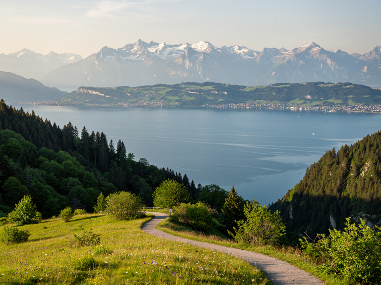 Blick vom Pfänder Bregenz auf Bodensee und Alpenpanorama im Grünen