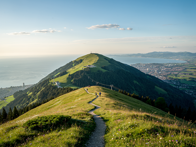 Panoramablick auf Alpen und Stadt Bregenz vom Pfänder Gipfelwanderweg