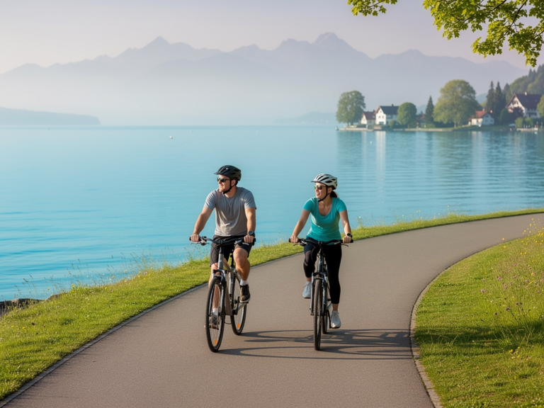 Radfahrerin genießt entspannte Tour auf flachem Uferweg am Bodensee