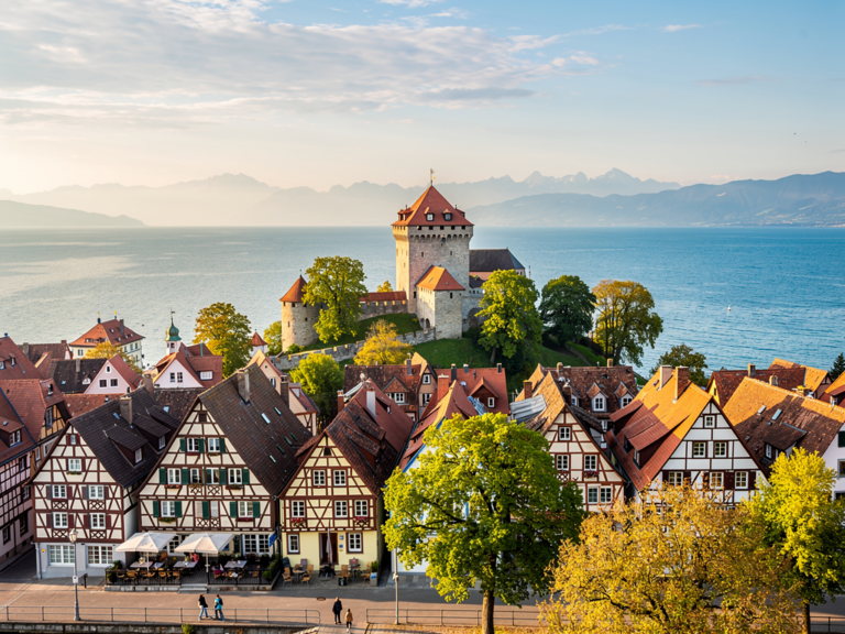 Blick auf Meersburgs Uferpromenade bei mildem Juniwetter am Bodensee