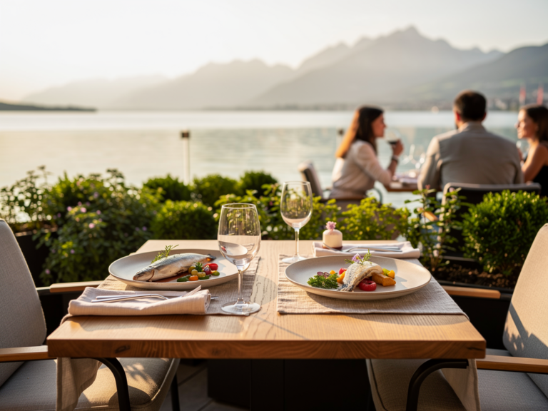 Restaurantterrasse mit Blick auf Bodensee in Friedrichshafen bei Sonnenuntergang