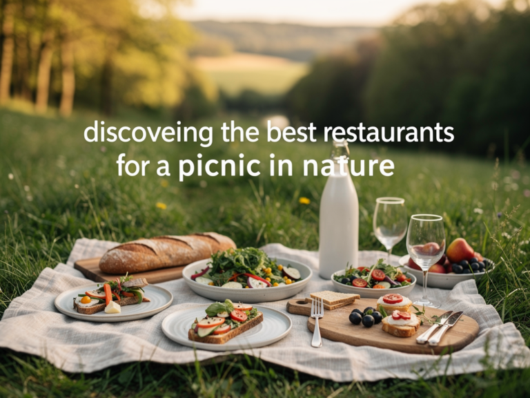 Picknickkorb mit frischen Speisen vor idyllischer Naturlandschaft für Restaurants Picknick