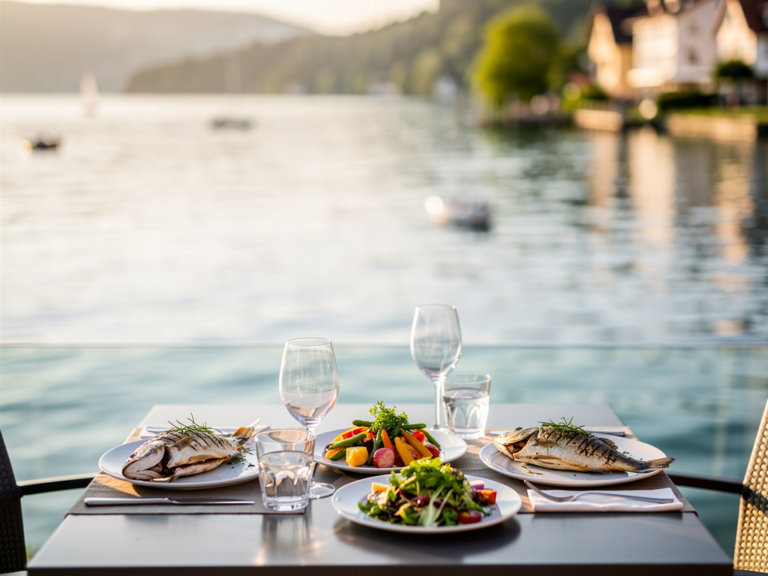 Restaurantterrasse am Bodenseeufer mit Blick auf den See und Genussgericht