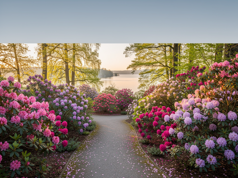 Frühlingserwachen mit blühenden Rhododendren im Rhododendronhain der Insel Mainau