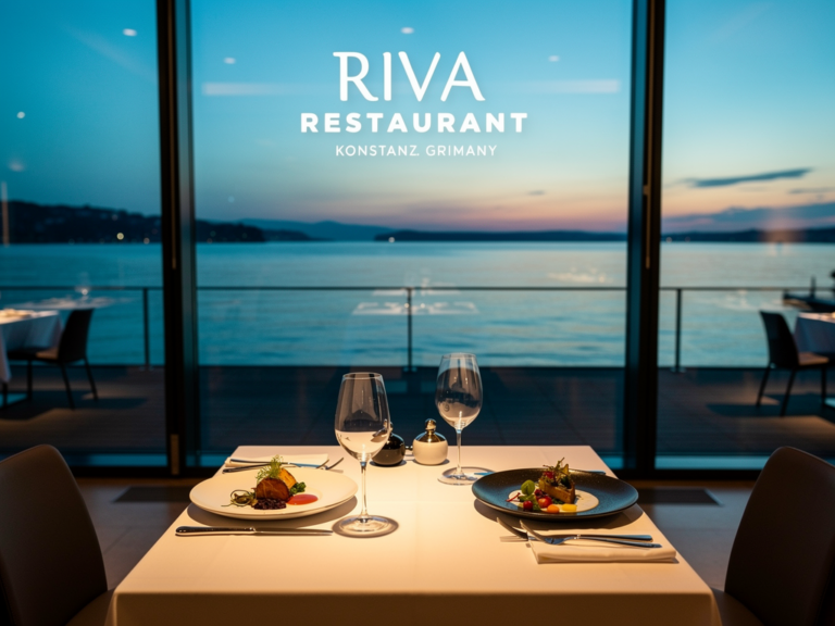 Blick auf elegantes Interieur und Bodenseeufer im RIVA Restaurant Konstanz