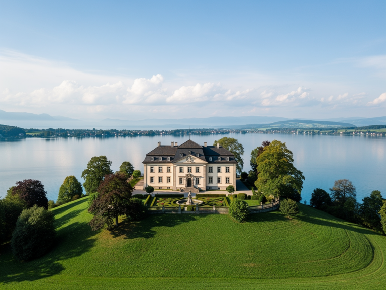 Schloss Arenenberg mit Blick auf Bodensee und historischen Gartenlandschaft