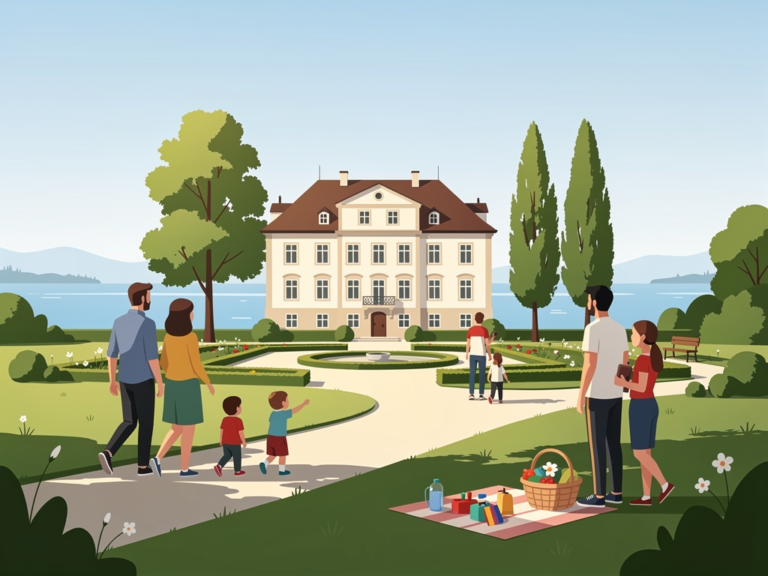 Familien beim Besuch von Schloss Arenenberg entdecken parkähnliche Gartenanlagen und Museumsspielbereiche