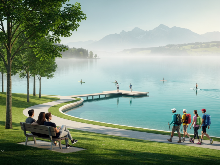 Landschaftlicher Seeburgpark Kreuzlingen mit Bodenseeufer und Spielplatz im Sommer