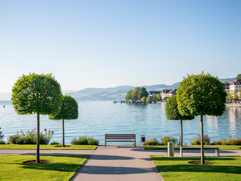 Seeburgpark Kreuzlingen entdecken und entspannte Spaziergänge am See genießen Idyllischer Blick auf den Seeburgpark Kreuzlingen mit Seeufer und Spazierwegen