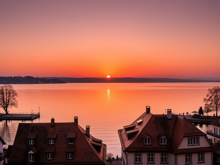 Sonnenuntergang über dem Bodensee mit Meersburgs historischer Altstadt im Abendlicht