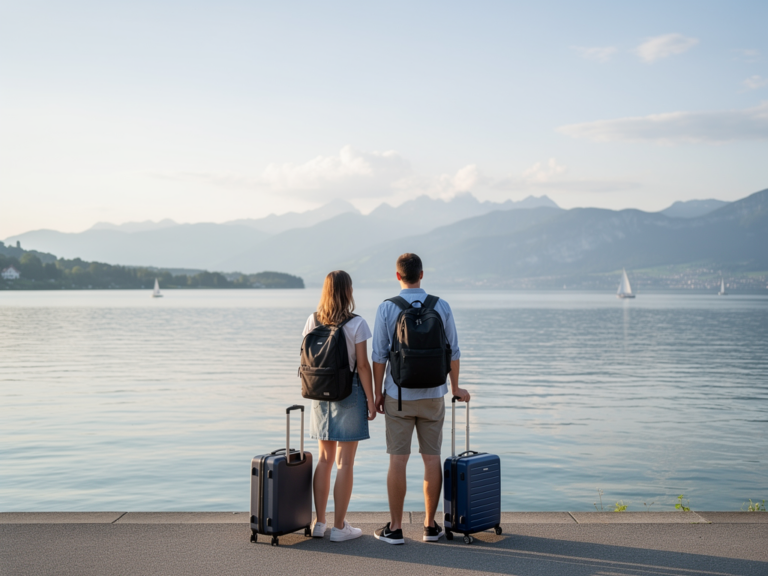 Person plant kostengünstige Bodensee Anreise mit Fahrkarten und Reiseführer