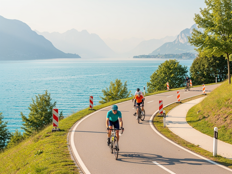 Radfahrer auf Bodensee Radweg vor temporärer Baustellensperrung und Umleitung aktuell