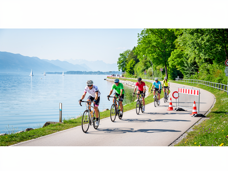 Bodensee-Radweg sicher befahren trotz Sperrungen und temporärer Wegänderungen Radfahrer weichen Baustellensperrung am Bodensee-Radweg mit umgeleiteter Strecke aus