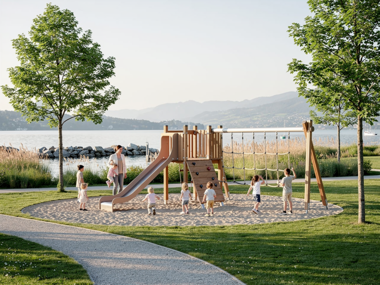 Moderner Spielplatz in Konstanz mit vielfältigen Spielgeräten und grüner Parkumgebung