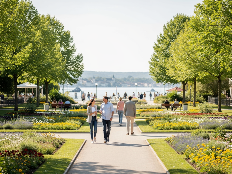 Entspannte Spaziergänger genießen grüne Oase und Konzertmuschel im Stadtgarten Konstanz