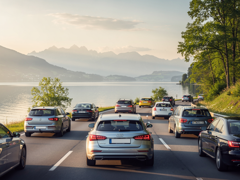 Blick auf Stau und Verkehr am Bodensee während Ferienzeit zur Anreiseplanung