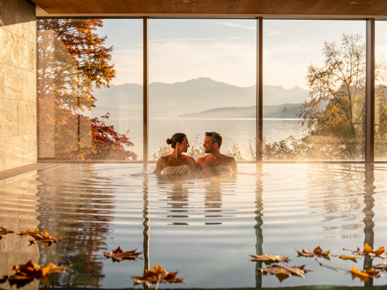 Entspannte Wellnesszeit in den Thermen am Bodensee umgeben von Herbstfarben