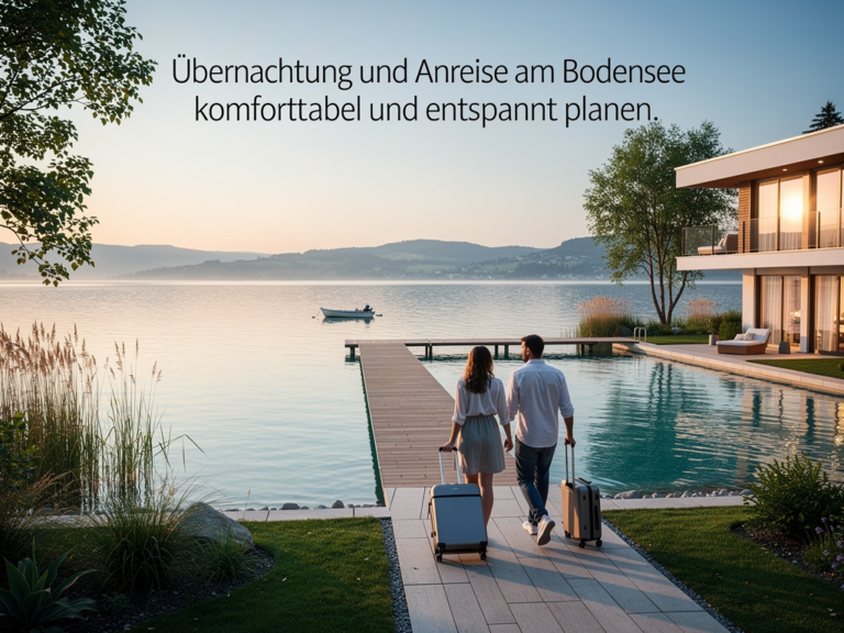 Entspannte Anreise und komfortable Übernachtung am Bodensee mit See und Unterkunft im Hintergrund