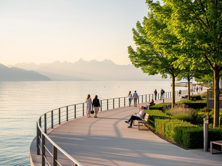 Spaziergänger genießen den Blick auf Bodensee und Alpen von Uferpromenade