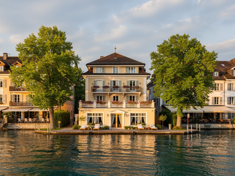 Historische Unterkünfte in Lindau Altstadt mit Blick auf den Bodensee und Hafen