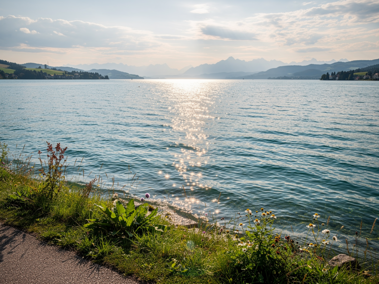 Wettervorhersage am Bodensee mit Sonne, Wolken und See für Reiseplanung