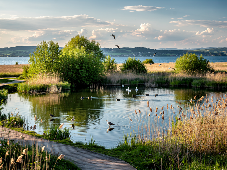 Wanderweg im Wollmatinger Ried mit Schilf und Vogelbeobachtung