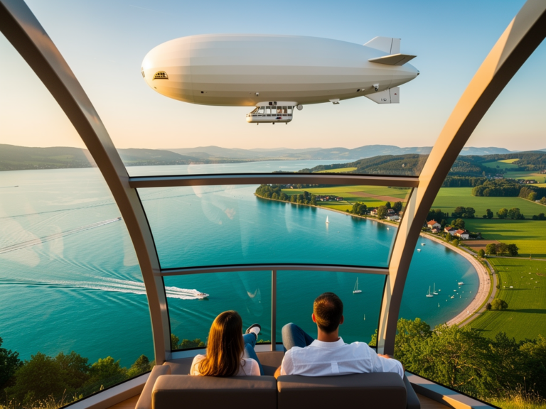 So verbinden Sie Entspannung und Abenteuer beim Zeppelin Bodensee Rundflug Majestätischer Zeppelin über dem Bodensee mit ruhiger Passagiergondel und Panorama