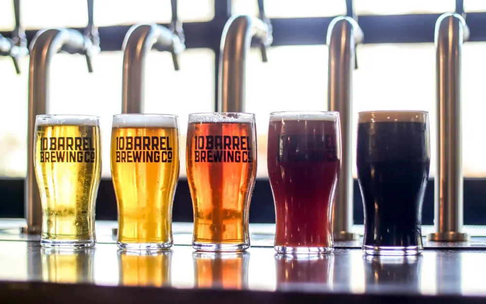 Symbolbild: Various craft beers from 10 Barrel Brewing Co. lined up in a pub setting.