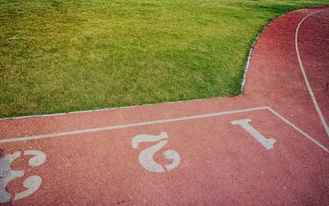 Symbolbild: A bird's-eye view of a vibrant outdoor running track and lush green sports field.