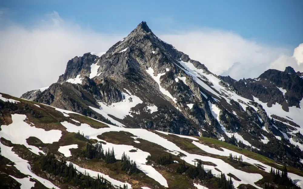 Symbolbild: A stunning snowcapped mountain peak surrounded by a grassy hillside under a clear blue sky.