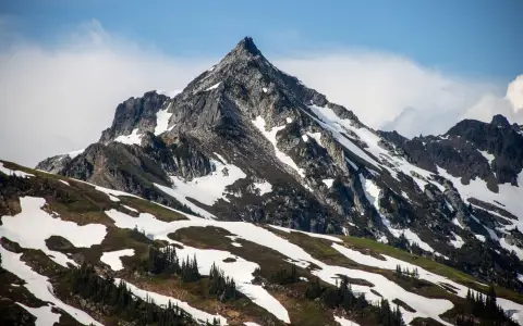 Symbolbild: A stunning snowcapped mountain peak surrounded by a grassy hillside under a clear blue sky.