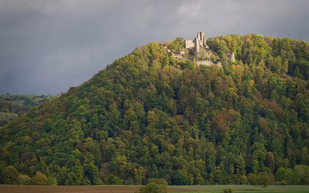 Symbolbild: Discover ancient castle ruins atop a lush, forested hill under dramatic skies.