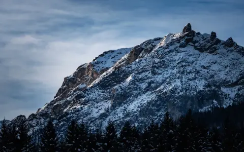 Symbolbild: A majestic snow-covered mountain peak rises against a cloudy winter sky, surrounded by a dense forest.