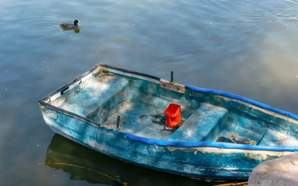 Symbolbild: Blue row boat floating on lake with a waterbird nearby, suggesting tranquility.
