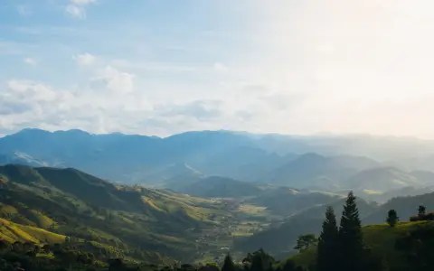 Symbolbild: Captivating view of a sunlit valley surrounded by foggy mountains and greenery.