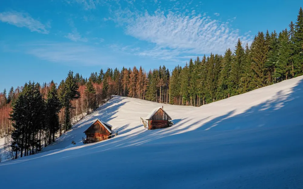 Symbolbild: Majestic winter scene of snow-covered huts in Brașov, Romania, amidst dense forest.