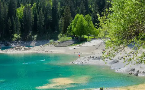 Symbolbild: Stunning view of a turquoise lake surrounded by lush forests in Switzerland, perfect for a summer escape.