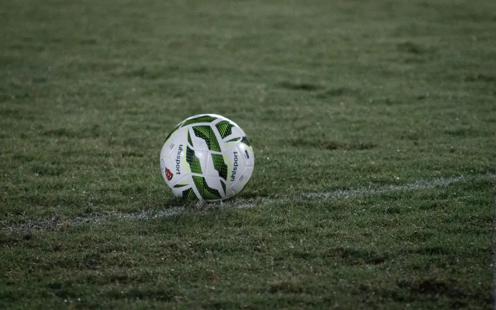 Symbolbild: A soccer ball resting on a grass field, captured during nightfall with visible dew.