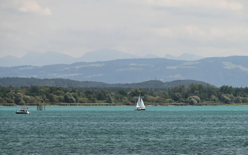 Symbolbild: Tranquil scenery with sailboats on Lake Constance against a mountainous backdrop.