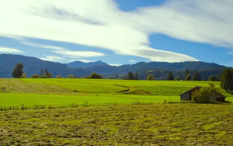Symbolbild: Idyllic countryside view of green fields and mountains under blue sky.