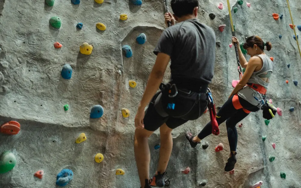 Symbolbild: Back view of unrecognizable male and female climbers in sportswear and sit harnesses hanging on rope during bouldering workout in gym