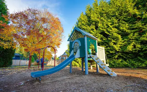 Symbolbild: A vibrant autumn day at a playground with slides and swings surrounded by colorful trees.